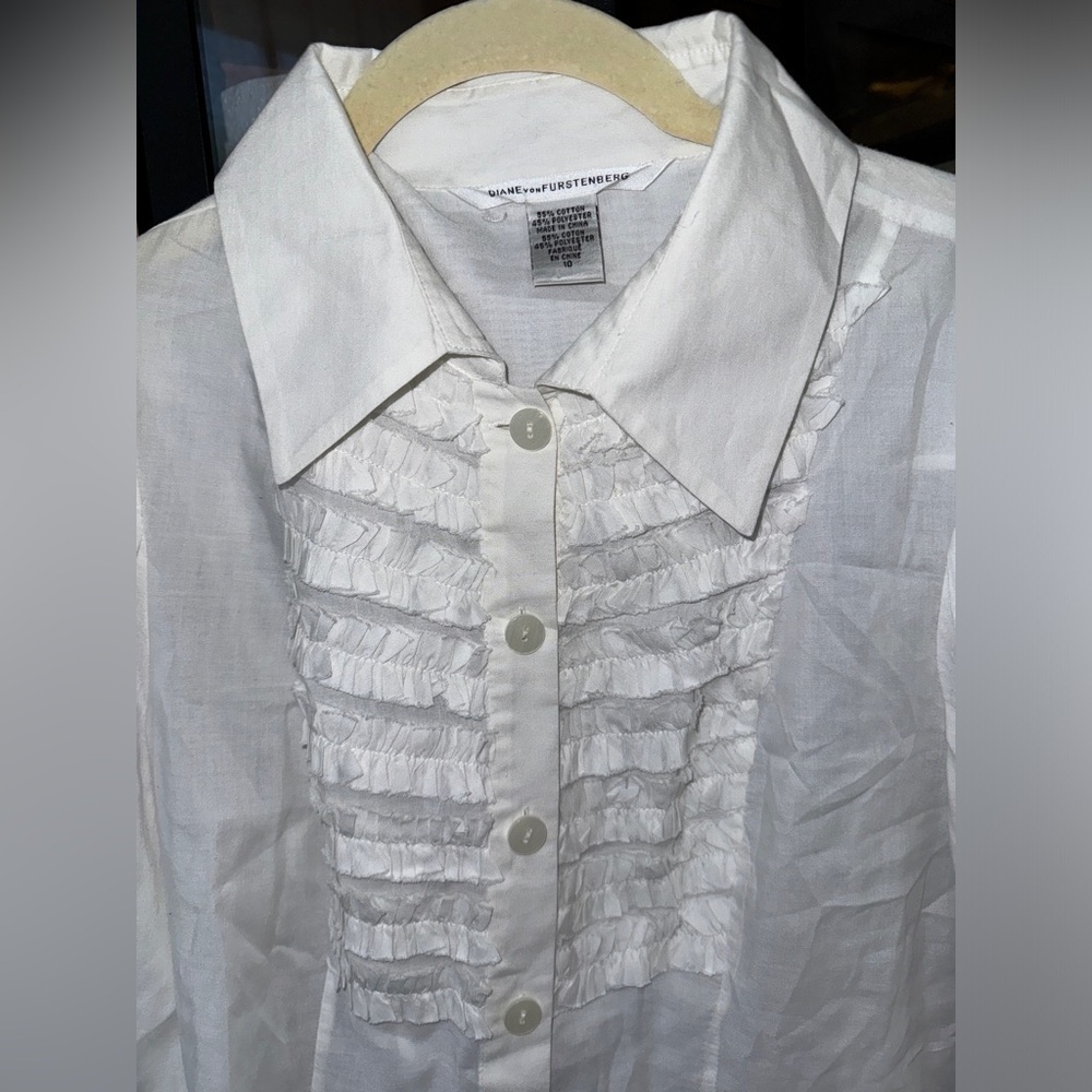Vintage Diane Von Furstenberg blouse long sleeve button up pleated shirt collar - Picture 2 of 5
